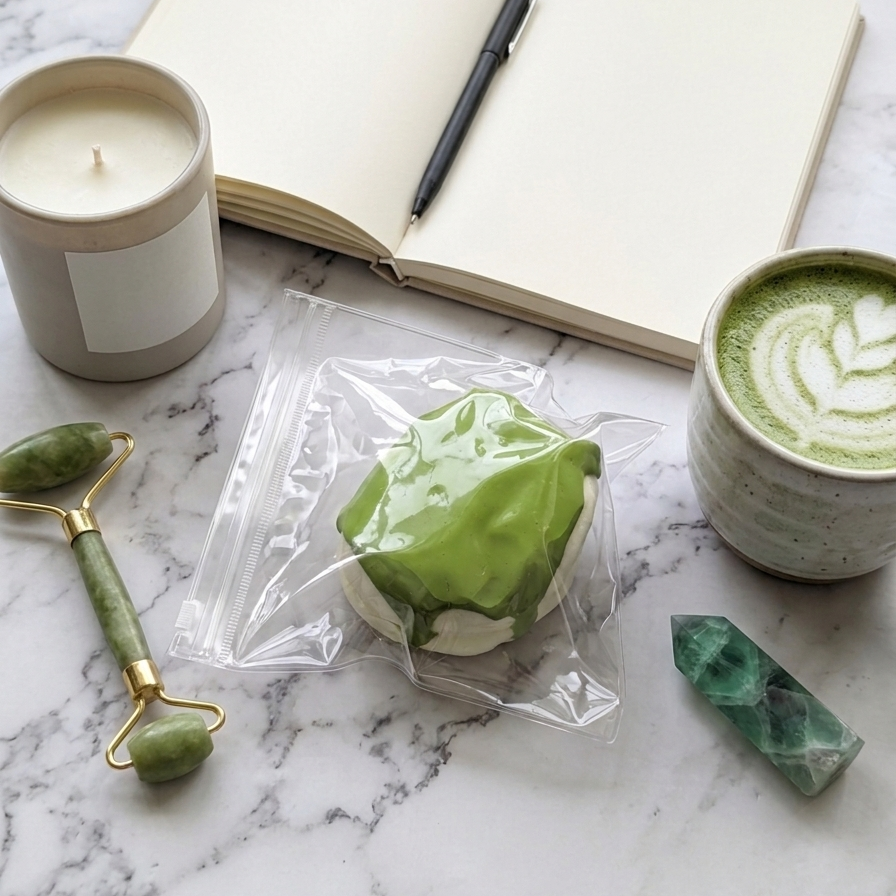 A green and white frosted pastry in a clear plastic bag, styled on a white marble surface with a candle, open notebook, pen, matcha latte, jade roller, and green crystal.