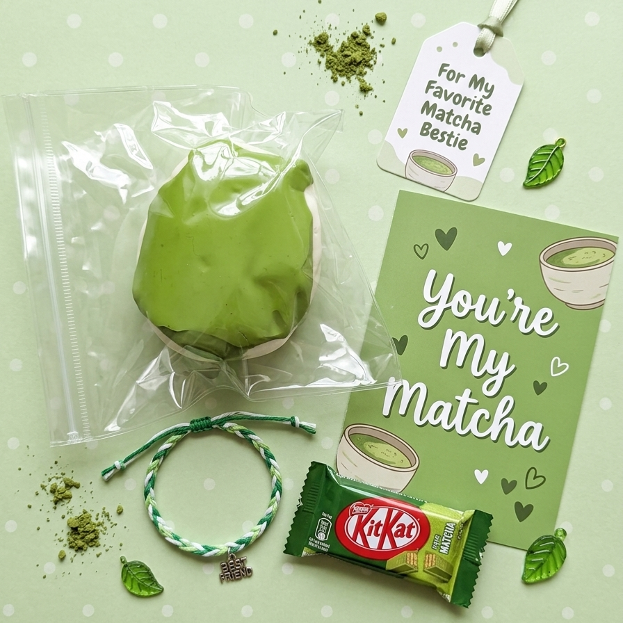 A matcha-themed gift set on a light green polka dot background, featuring a green matcha cake in a clear bag, a green and white braided bracelet, a KitKat matcha bar, a green card that reads 'You're My Matcha', and a white gift tag that says 'For My Favorite Matcha Bestie'.