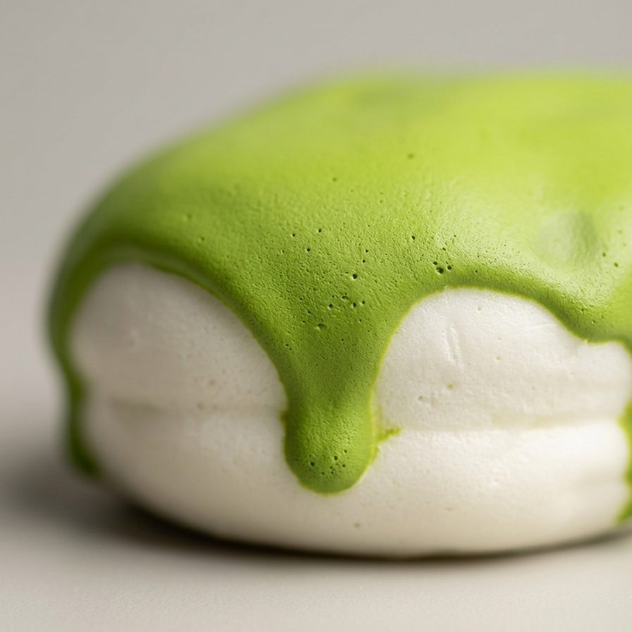 A close-up of a white macaron or meringue-based pastry topped with bright green dripping glaze, photographed on a soft light gray background.