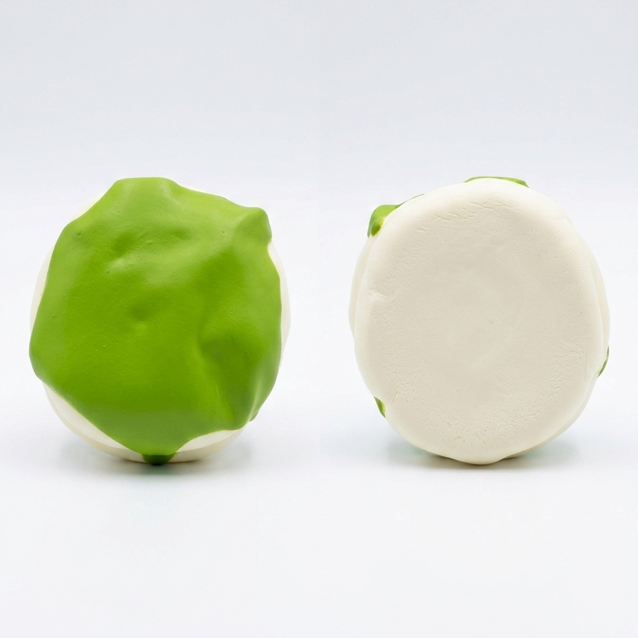 Two small round items shown on a clean white background, one with a bright green top and one with a plain off-white top, suggesting a pair of small decorative caps or covers.