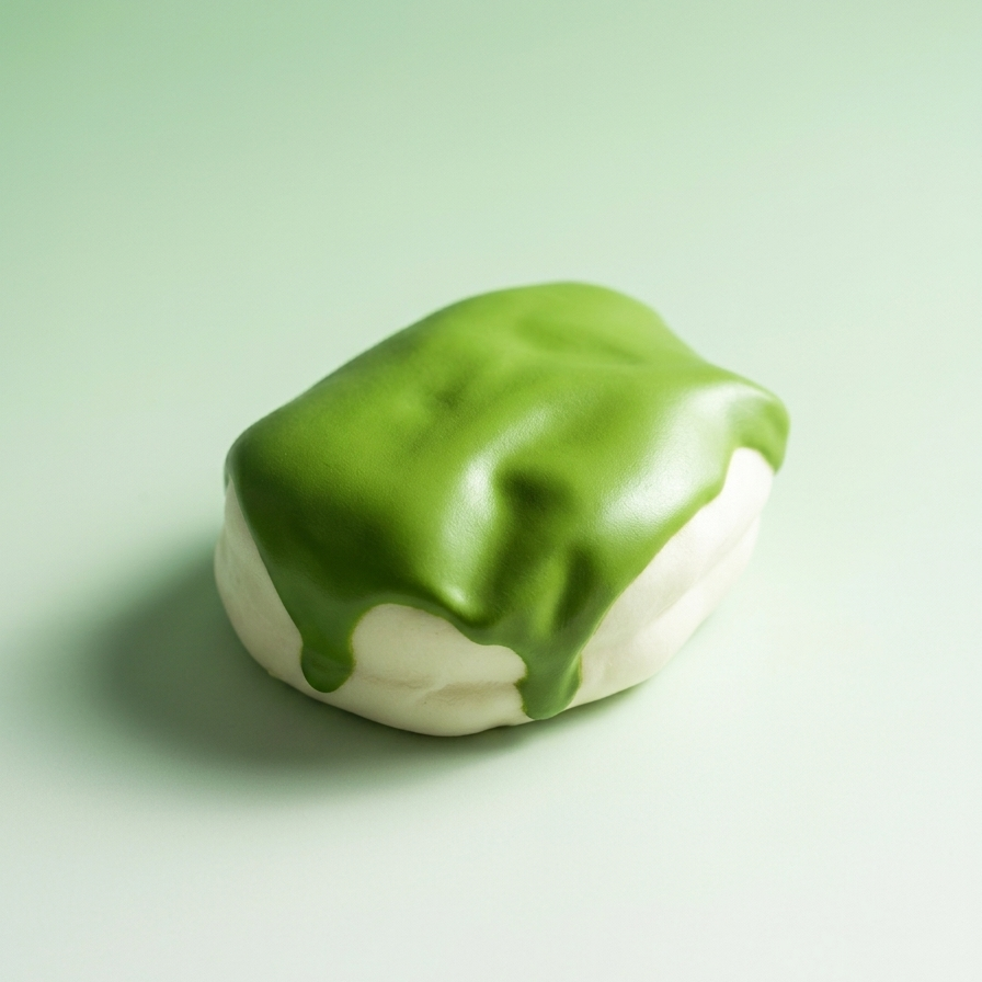 A green iced donut or pastry with glossy lime green glaze dripping over a white base, photographed on a clean pale green studio background.