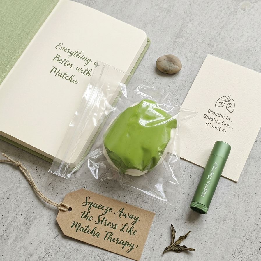 A styled flat-lay featuring a green matcha-themed product in a clear plastic bag, alongside a green lip balm tube, a kraft paper tag reading 'Squeeze Away the Stress Like Matcha Therapy,' a notebook with the phrase 'Everything is Better with Matcha,' a breathing card, and a small stone on a light gray textured surface.