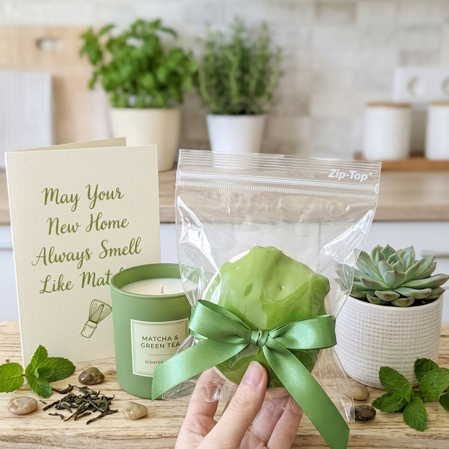 A hand holds a green matcha tea puck sealed in a clear plastic bag with a green ribbon, next to a cream greeting card that reads 'May Your New Home Always Smell Like Matcha' and a green tea candle. The scene is styled on a wooden table with mint leaves, loose tea, and a potted succulent in a bright kitchen setting.