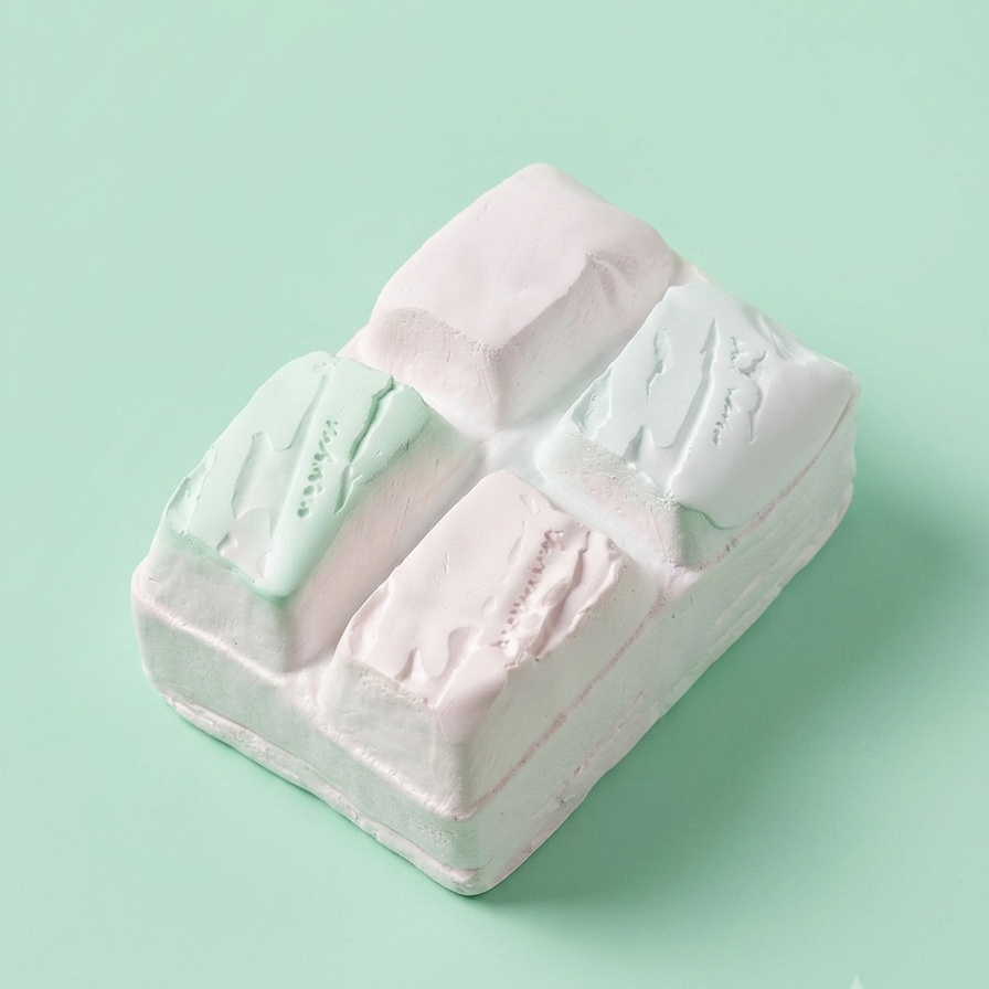 A novelty squishy toy shaped like a four-compartment marshmallow, featuring pastel pink, mint green, and white sections, set against a solid mint green background.