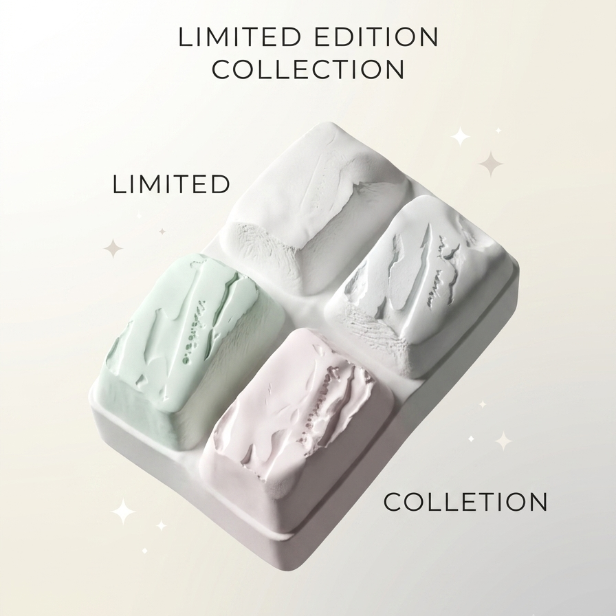 Four rectangular cosmetic or material swatches in soft pastel shades of mint green, white, blush pink, and pale lavender, arranged on a light cream background with decorative text reading 'LIMITED EDITION COLLECTION' and 'LIMITED COLLECTION'.