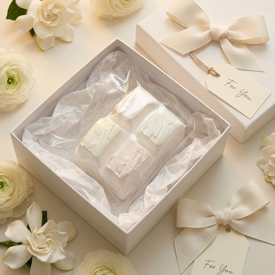 A white gift box open to reveal a wrapped cream-colored product in clear plastic, surrounded by white flowers and matching ribbon-bow gift tags on a light beige background.
