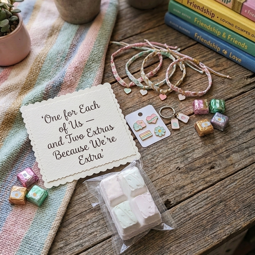 A styled flat-lay of a pastel-themed gift set on a rustic wooden table. The set includes a bag of four mini marshmallows, a card reading 'One for Each of Us - and Two Extras Because We're Extra', a pack of pastel heart and flower charms, and several pastel braided cord bracelets with heart charms.