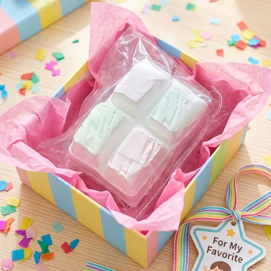 A clear plastic-wrapped set of four pastel marshmallows sits in a pink tissue-lined striped gift box on a light wood surface, with confetti scattered around and a rainbow ribbon tag reading 'For My Favorite' nearby.