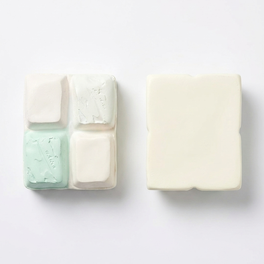 Two rectangular cream-colored wax melts or soap bars on a clean white background. One bar is shown empty, and the other is partially melted into four smaller square sections, revealing a mint green and off-white color story.