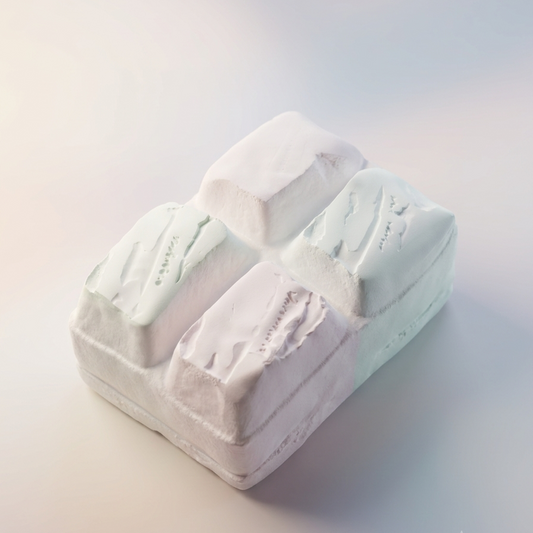 A white textured foam block with four raised rectangular sections, photographed on a clean light gray studio background.