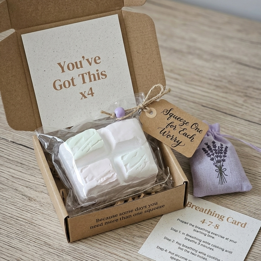 An open kraft gift box on a wood surface containing a packaged white square soap, a lavender drawstring pouch with a lavender illustration, a handwritten tag reading 'Squeeze One for Each Worry,' and a printed breathing card. The box lid has a card that says 'You've Got This x4.