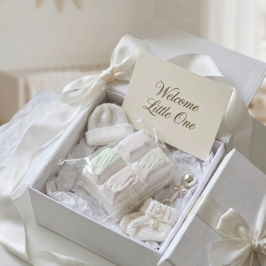 A white baby gift box with a satin ribbon, open to reveal a set of baby essentials including a small knit hat, folded socks or mittens, a pacifier clip, and a cream card that reads 'Welcome Little One'.