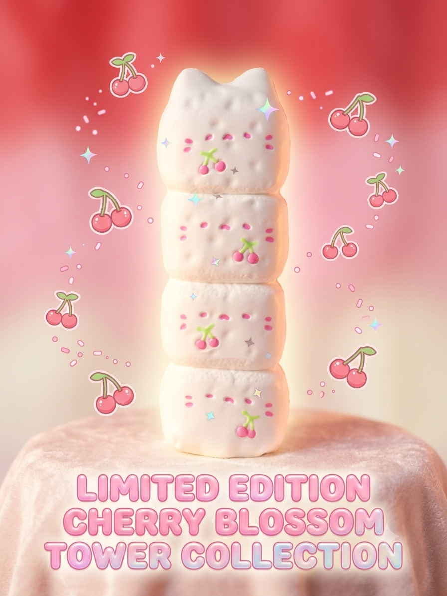 A stack of five white, cat-shaped marshmallows decorated with pink cherry motifs, displayed on a pink draped surface against a soft pink and red gradient background with cherry illustrations and sparkles. Text at the bottom reads 'LIMITED EDITION CHERRY BLOSSOM TOWER COLLECTION'.
