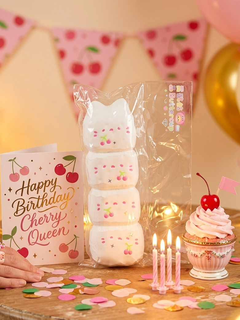 A styled birthday scene with a packaged white bunny-shaped marshmallow treat, a printed 'Happy Birthday Cherry Queen' card, a cherry-topped cupcake, pink candles, and a hand resting on a wooden table with confetti and party decorations in the background.