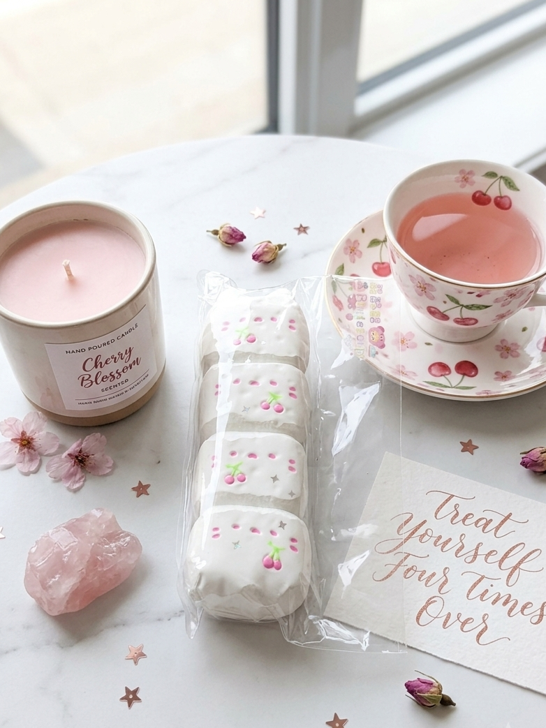 A styled flat-lay featuring a pink candle labeled Cherry Blossom, a cup of pink tea on a floral teacup and saucer, white marshmallows with cherry prints, a card reading 'Treat Yourself Four Times Over', and pink rose petals on a light marble surface.