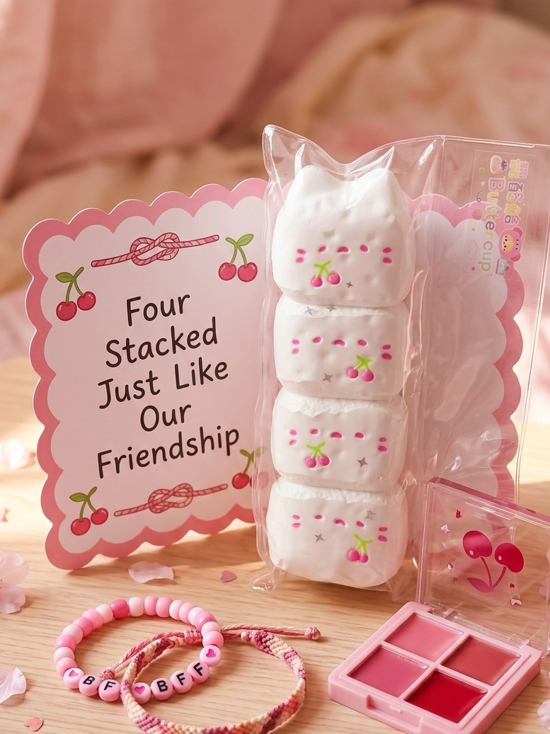 A pink and cherry-themed gift set on a wooden surface, featuring a stack of four white marshmallows decorated with pink cherries inside a clear bag, a pink sign reading 'Four Stacked Just Like Our Friendship,' a pink beaded bracelet, a pink patterned bracelet, and a small pink four-compartment makeup palette.
