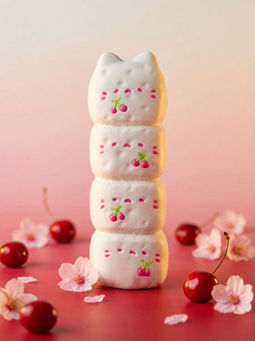 A stack of four white cat-shaped marshmallows decorated with pink cherry motifs, standing upright on a pink surface with scattered cherries and pink blossoms.