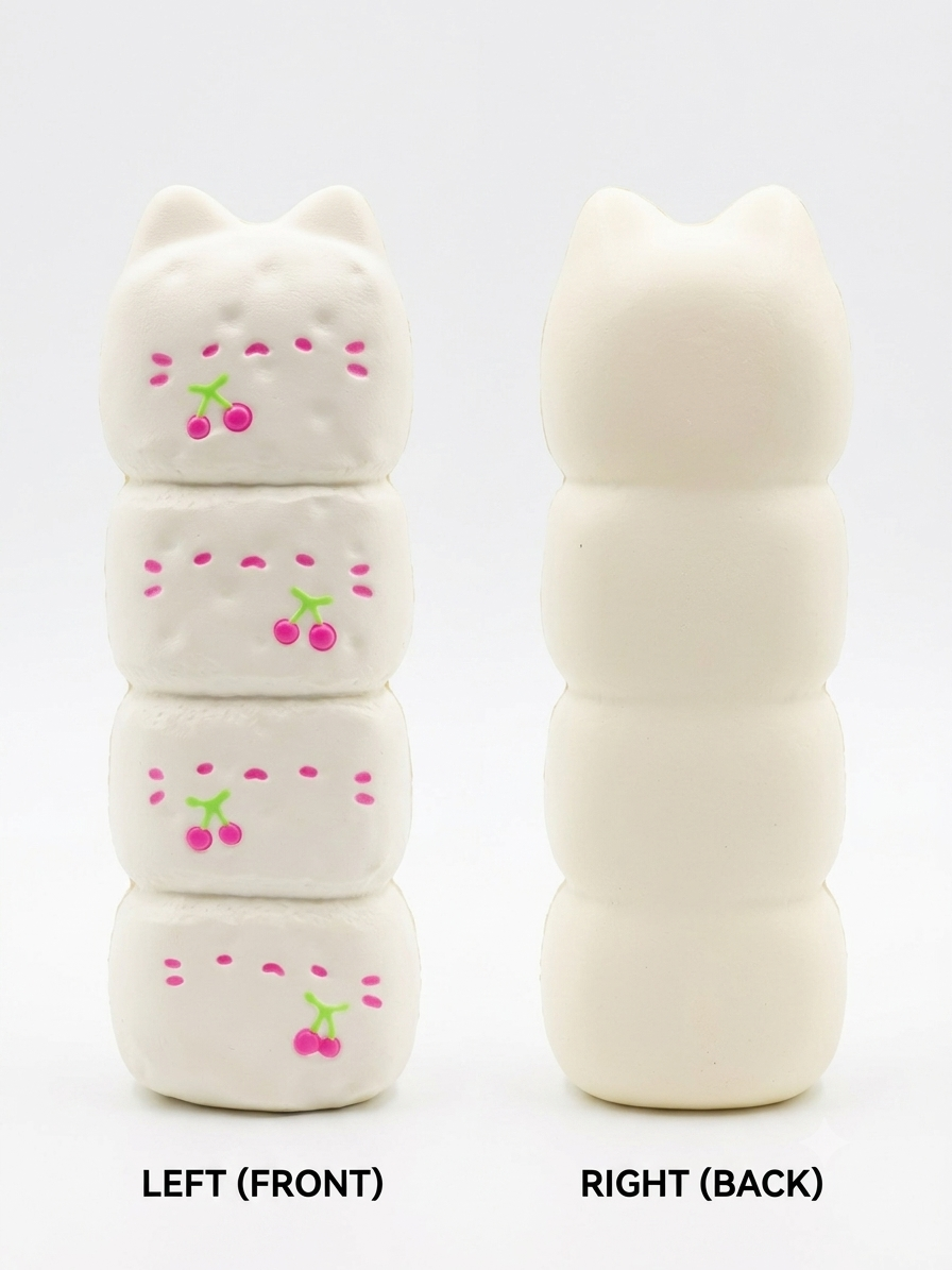 An off-white cat-shaped squishy toy shown from both front and back views on a white background, with the front view decorated with small pink cherry details and green stems.