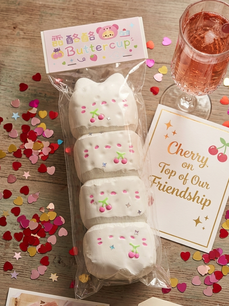 A packaged set of four white cat-shaped marshmallows decorated with pink cherry and star details, displayed on a wooden surface with heart-shaped confetti, a pink drink, and decorative cards.