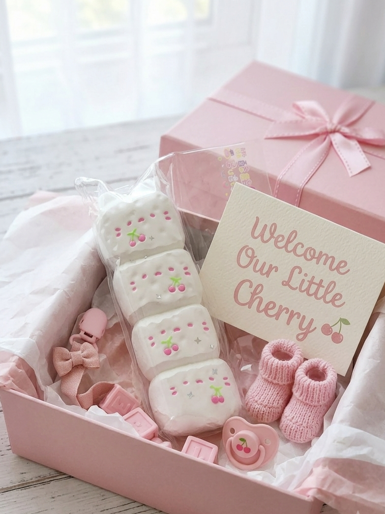 A pink gift box filled with baby items, including wrapped white and pink bath bombs or soap bars, a small pink bootie, a pink pacifier, and a card that reads 'Welcome Our Little Cherry.' A larger pink gift box with a bow sits behind the open box on a light wood surface.