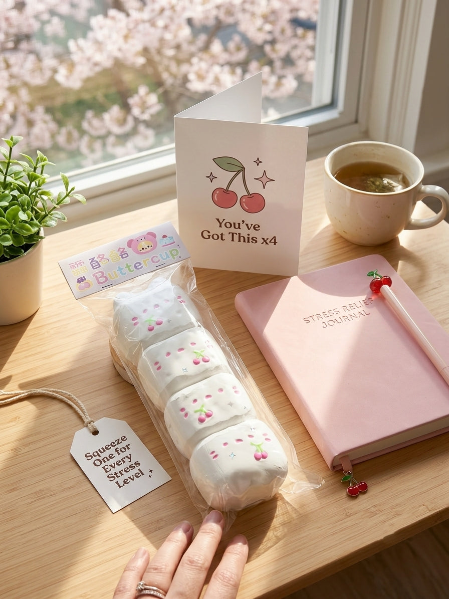 A styled desk scene with a clear bag of four white cherry-themed squishy stress balls, a pink notebook, a cup of tea, and a greeting card on a wooden table near a window.