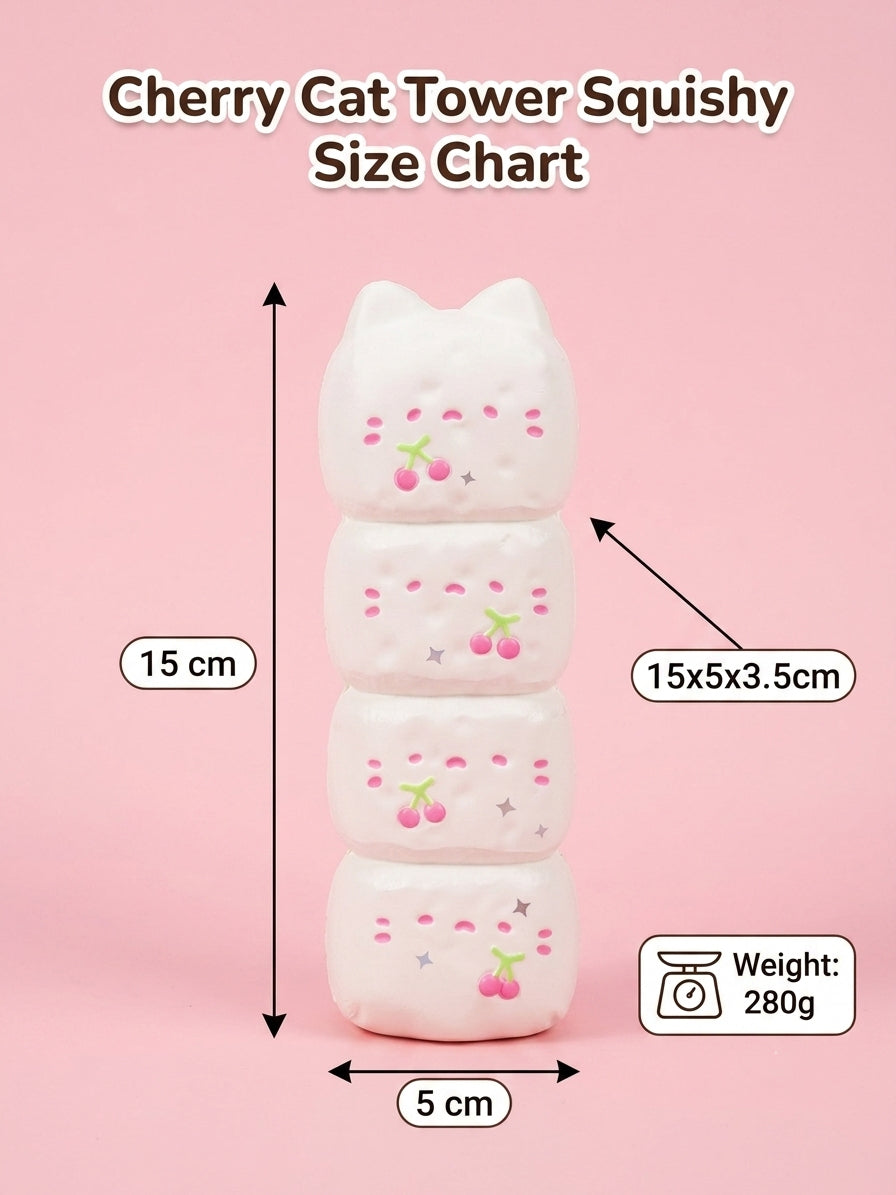 A pink size chart graphic for a Cherry Cat Tower Squishy, showing a stacked cat-shaped squishy with dimension labels of 15 cm height, 5 cm width, and 15x5x3.5 cm measurements, plus a weight label of 280g.