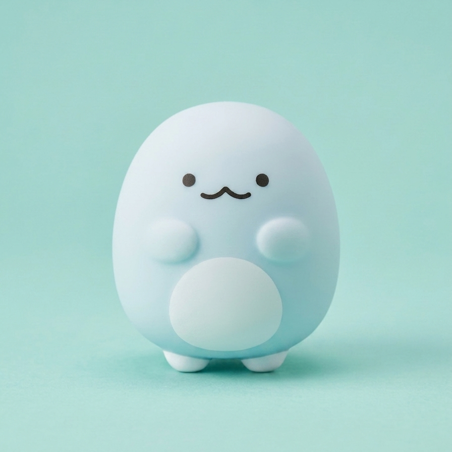A cute, rounded, egg-shaped character figurine in pale blue and white with a simple black face, standing on a matching light teal background.