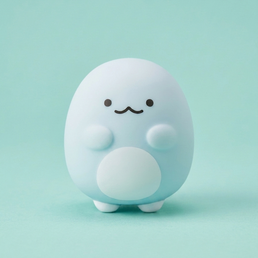 A cute, rounded, egg-shaped character figurine in pale blue and white with a simple black face, standing on a matching light teal background.