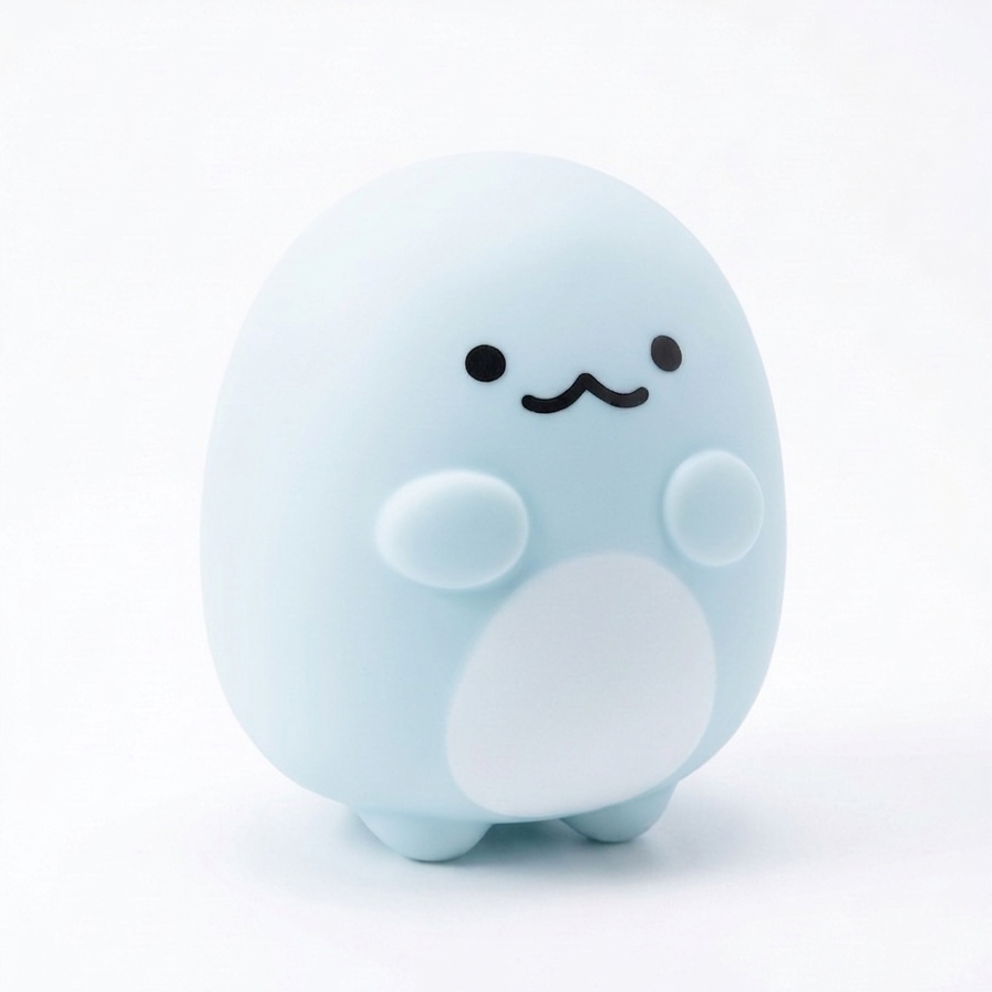 A light blue, egg-shaped silicone squishy toy with a cute black face, standing on a white background.