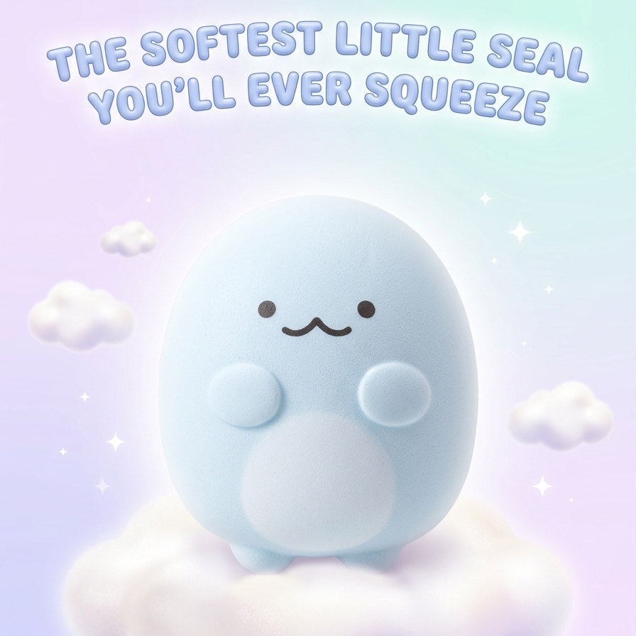 A cute light blue plush seal character with a simple face sits on a soft white cloud against a pastel gradient background. Above it, stylized text reads, 'THE SOFTEST LITTLE SEAL YOU'LL EVER SQUEEZE.
