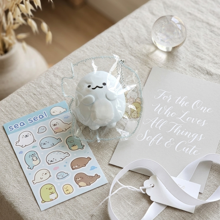 A cute white sea-creature plush toy wrapped in clear cellophane, displayed on a beige linen surface with a sticker sheet, a card with elegant script, and a white ribbon.