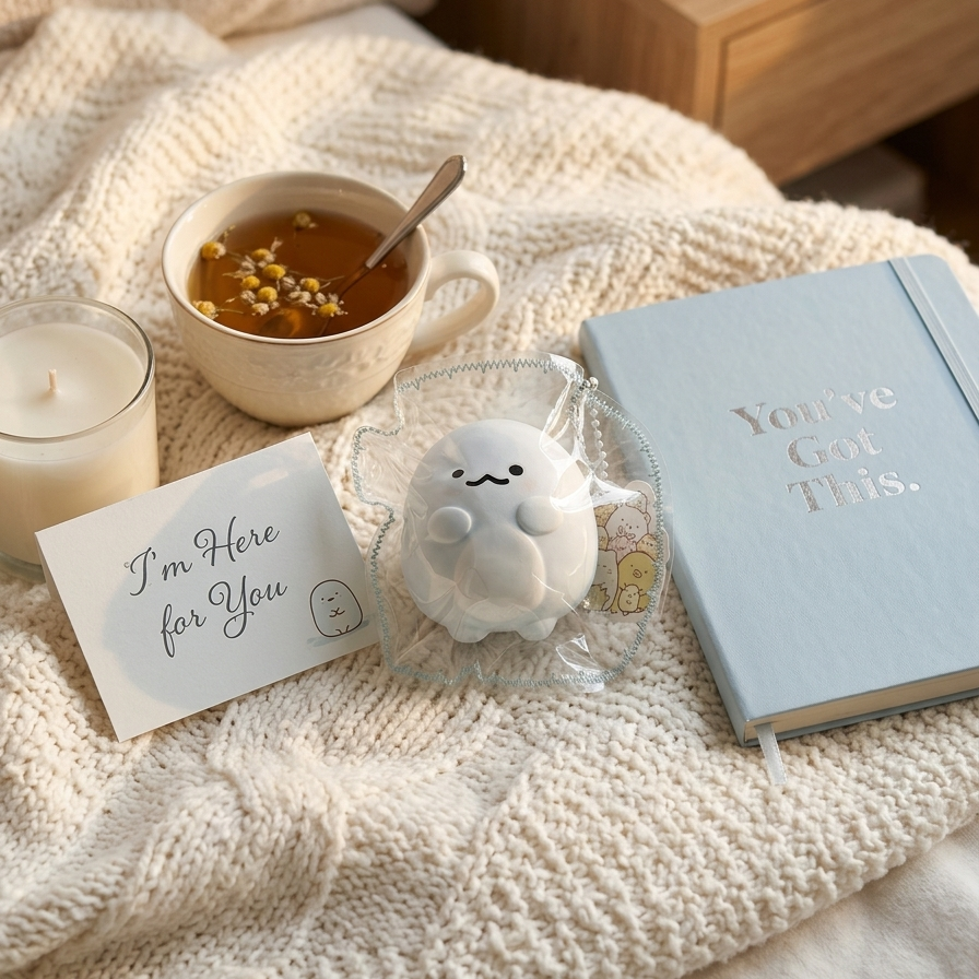 A cozy flat-lay scene on a cream knit blanket with a light blue notebook that reads 'You've Got This.', a white greeting card that says 'I'm Here for You', a small white character in clear packaging, a cup of tea with a spoon, a candle, and a wooden bedside table in the background.