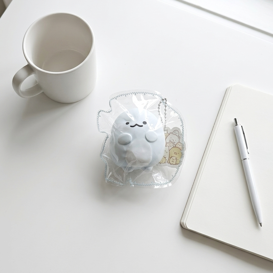 A small white cloud-shaped plush toy or keychain charm in clear plastic packaging sits on a white desk beside a white ceramic mug, a notebook, and a pen.