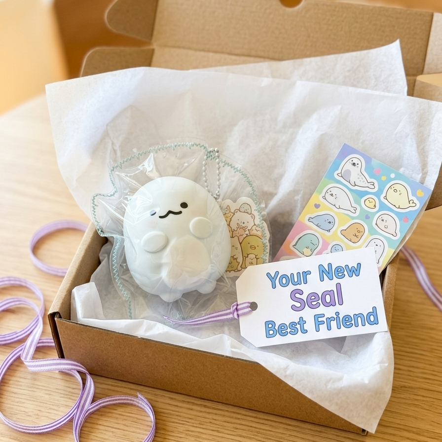 A cute white plush seal toy with a smiling face, presented in a brown cardboard gift box lined with white tissue paper. The box contains a lavender hair tie, a sticker sheet, and a tag that reads 'Your New Seal Best Friend'.