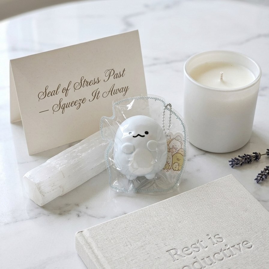 A styled tabletop arrangement featuring a white candle in a glass jar, a small white ghost-shaped stress toy in clear packaging, a white crystal ball, a card that reads 'Seal of Stress Past - Squeeze It Away,' and a textured white book or journal with the words 'Rest is Productive' on a light marble surface.