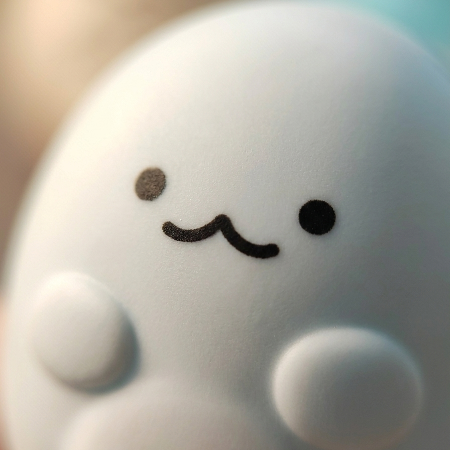 A close-up of a white, rounded cartoon-like character with a simple black face and raised circular feet, photographed against a softly blurred warm neutral background.