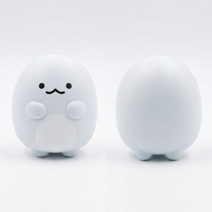 A white, egg-shaped squishy toy shown from both the front and back views against a seamless white background.