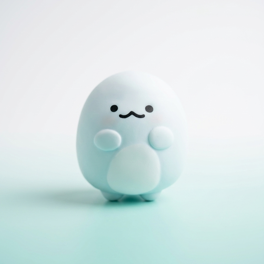 A cute, rounded, egg-shaped character figurine in a pale mint green color with a simple black face, standing on a matching mint green surface against a white-to-light-gray gradient background.