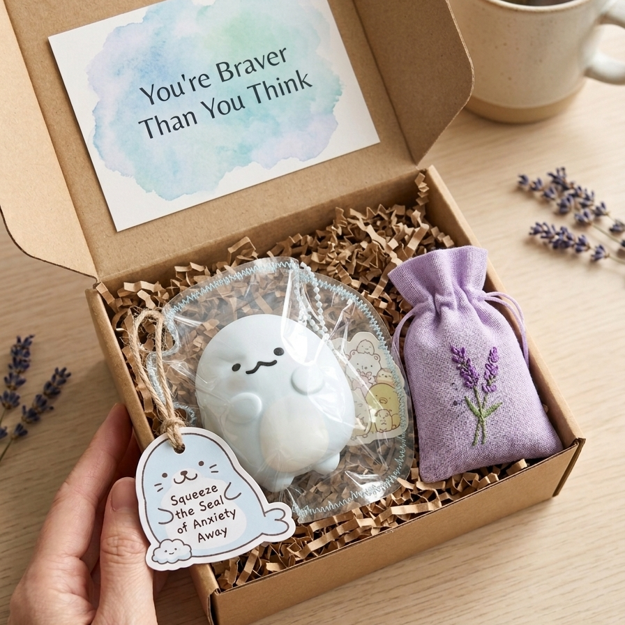 An open kraft gift box on a wooden surface contains a white plush squishy toy in clear wrapping, a lavender drawstring pouch with lavender embroidery, and a printed card that reads 'You're Braver Than You Think.' A hand holds the box open, with a mug of tea and dried lavender sprigs nearby.