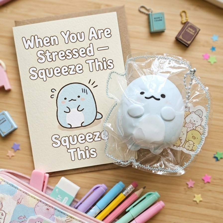 A cute white cartoon squeeze toy in clear packaging sits on a wooden desk next to a matching greeting card that reads 'When You Are Stressed — Squeeze This.' The scene is styled as a desk with a pastel pencil pouch, pens, mini books, and star confetti.