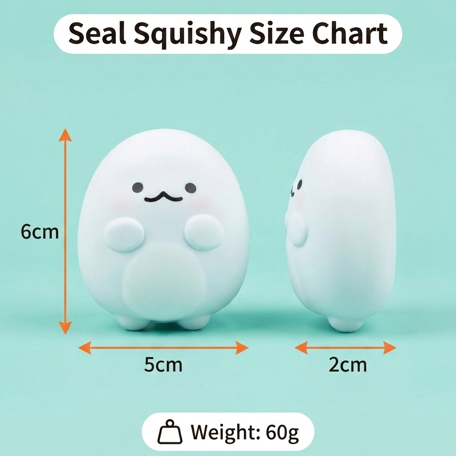 A size chart graphic for a seal-shaped squishy toy, showing front and side views with measurements labeled 6cm, 5cm, and 2cm, plus a weight note of 60g, on a light aqua background.