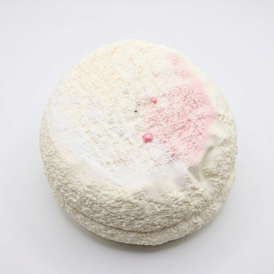 A round, textured bath bomb or soap with a white, crumbly surface and a soft pink speckled pattern on the top, photographed on a clean white background.
