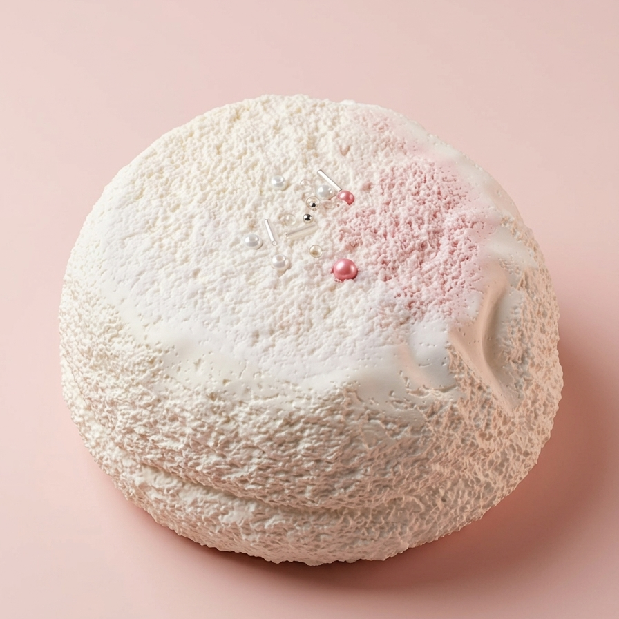 A round, textured white cosmetic or skincare product with a soft pink speckled area on top, photographed on a solid pale pink background.