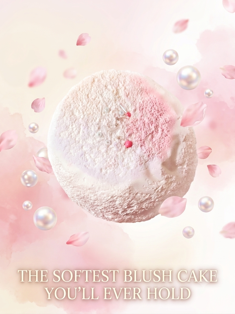 A round blush cake product centered on a soft pink and cream background with floating pearls and pink petals. Text at the bottom reads, 'THE SOFTEST BLUSH CAKE YOU'LL EVER HOLD.