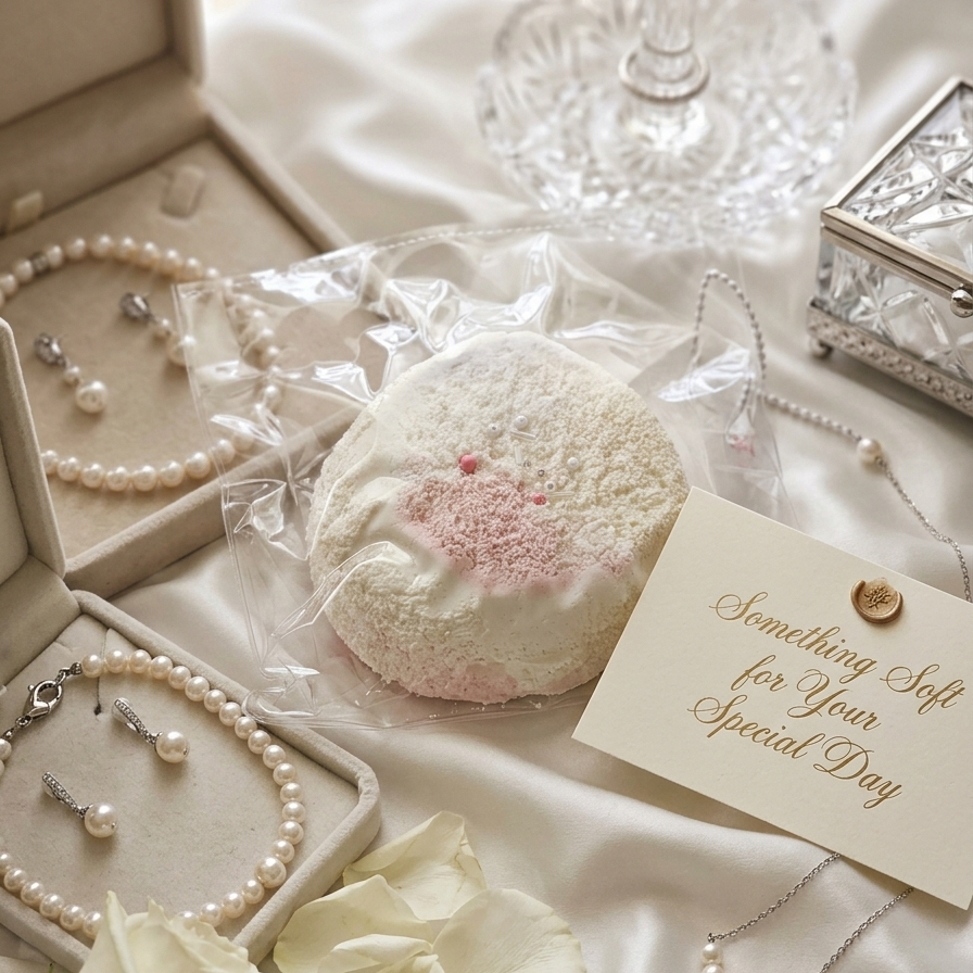 A styled flat-lay featuring a round, textured cream-colored bath bomb with a pink floral design, packaged in a clear plastic sleeve. The bath bomb is surrounded by white pearl jewelry (necklaces, bracelets, earrings) in a beige jewelry box, white rose petals, a small silver keepsake box, and a cream-colored gift tag that reads 'Something Soft for Your Special Day'.