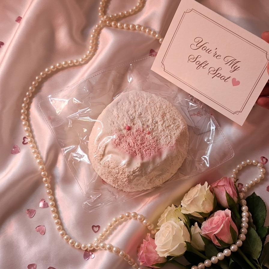 A packaged round pink frosted pastry or cake sits on pink satin fabric, surrounded by pearl strands, pink roses, and a small card that reads 'You're My Soft Spot'.