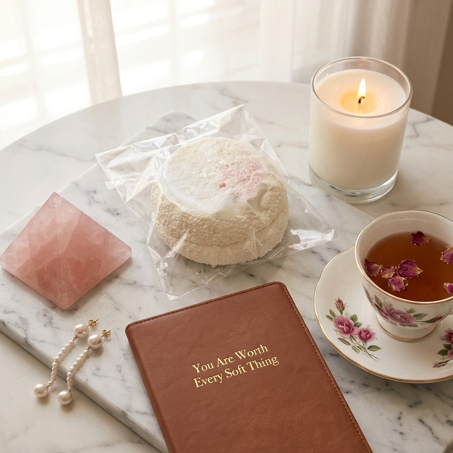 A styled flat-lay featuring a brown leather journal with gold foil text that reads 'You Are Worth Every Soft Thing'. Surrounding the journal are a pink crystal, pearl earrings, a wrapped bath bomb, a lit candle, and a floral teacup on a marble surface.