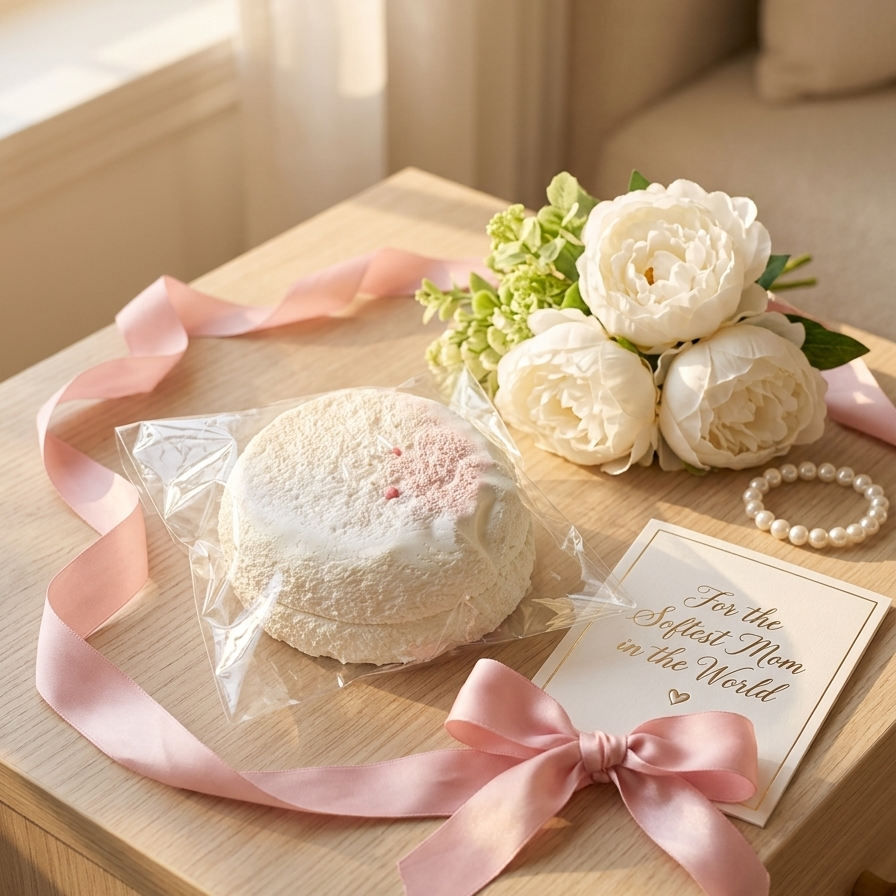 A round white decorative item wrapped in clear plastic sits on a light wood table, surrounded by a pink satin ribbon, a bouquet of white flowers, a pearl bracelet, and a card that reads 'For the Saffron Bloom in the World'.