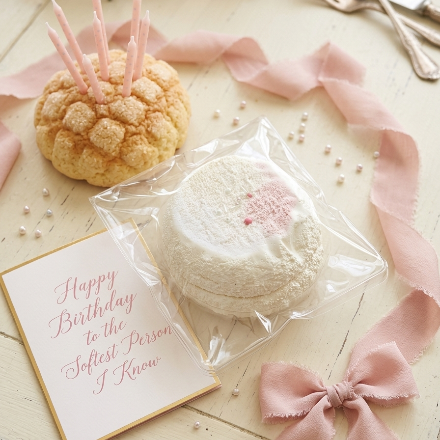 A styled birthday gift scene on a light wood surface featuring a frosted round cake in a clear bag with a pink bow, a small cream-colored cake topped with pink candles, a pink 'Happy Birthday' card, and pink ribbons with silver forks in the background.