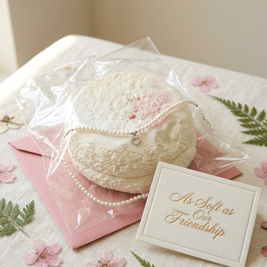 A round white textured item wrapped in clear cellophane with a pearl-like chain and small silver charm, placed on a pink envelope and cream fabric with pink flowers and green leaves. A small card reads 'As Soft as Our Friendship.